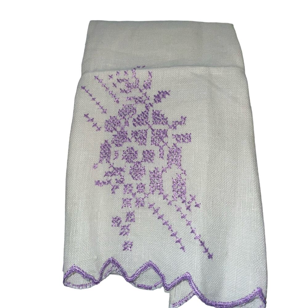 Vintage Linen Kitchen Towel Embroidered  Purple Stitching Boho Cottagecore